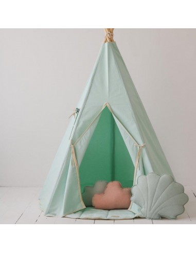 Ensemble tipi « Mint Fog » avec pompons et tapis en linge